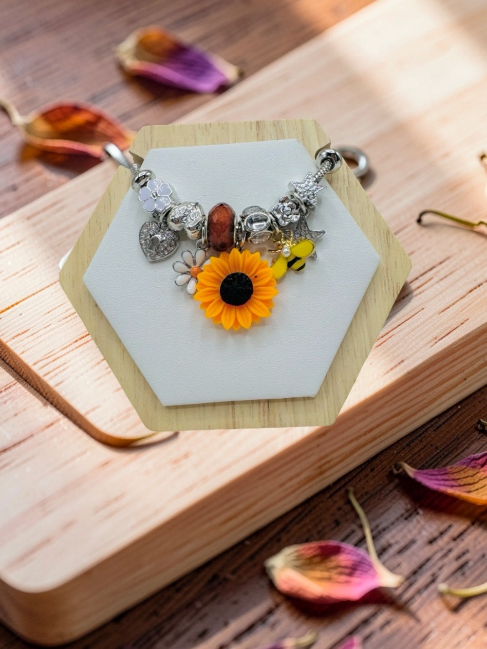 Sunflower & Bee Charm Bracelet – Silver Tone Floral Charm Bracelet - Picture 3 of 5